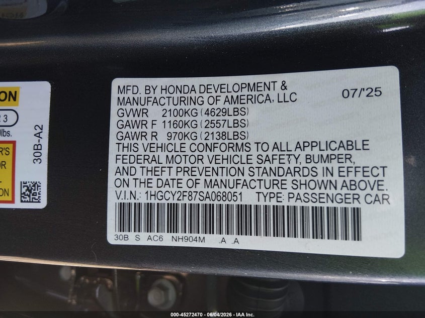 2025 Honda Accord VIN 1HGCY2F87SA068051 IAAI salvage auction — HAIL, Salvage Title, sold $13,000 on 2026-07-17 (photo 9)