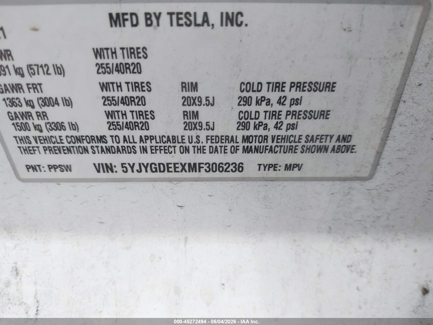 2021 Tesla Model y VIN 5YJYGDEEXMF306236 IAAI salvage auction — UNDERCARRIAGE, Original (Texas), sold $7,300 on 2026-07-30 (photo 9)