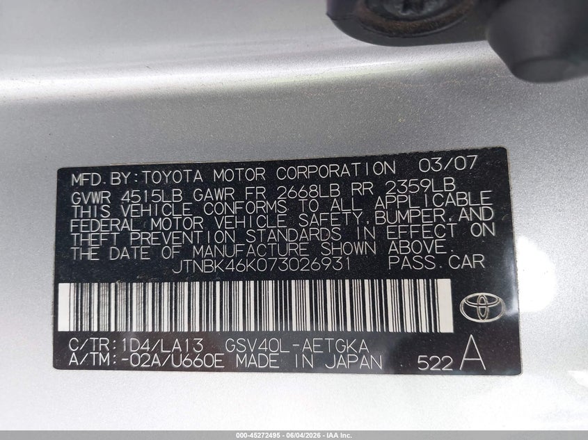 2007 Toyota Camry VIN JTNBK46K073026931 IAAI salvage auction — HAIL, Original (Texas), sold $425 on 2026-07-17 (photo 9)