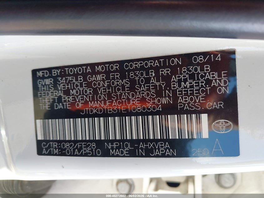 2014 Toyota Prius c VIN JTDKDTB31E1080304 IAAI salvage auction — REAR END, Salvage Title, sold $1,500 on 2026-07-16 (photo 9)