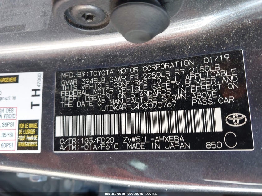2019 Toyota Prius VIN JTDKARFU4K3070767 IAAI salvage auction — NORMAL WEAR, Clear (Michigan), sold $6,550 on 2026-07-16 (photo 9)