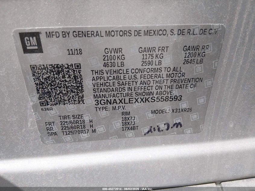 2019 Chevrolet Equinox VIN 3GNAXLEXXKS558593 IAAI salvage auction — SIDE, Salvage - Greater Than 75% (Maryland), sold $1,150 on 2026-08-23 (photo 9)