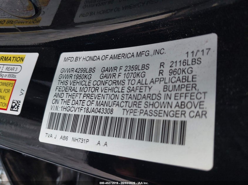 2018 Honda Accord VIN 1HGCV1F18JA043308 IAAI salvage auction — RIGHT FRONT, Salvage Title, sold $3,750 on 2026-07-10 (photo 9)