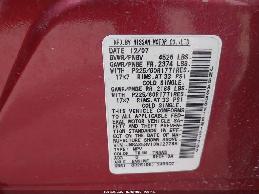 2008 Nissan Rogue VIN JN8AS58V18W127798 IAAI salvage auction — FRONT END, Salvage (Missouri), sold $475 on 2026-07-08 (photo 9)