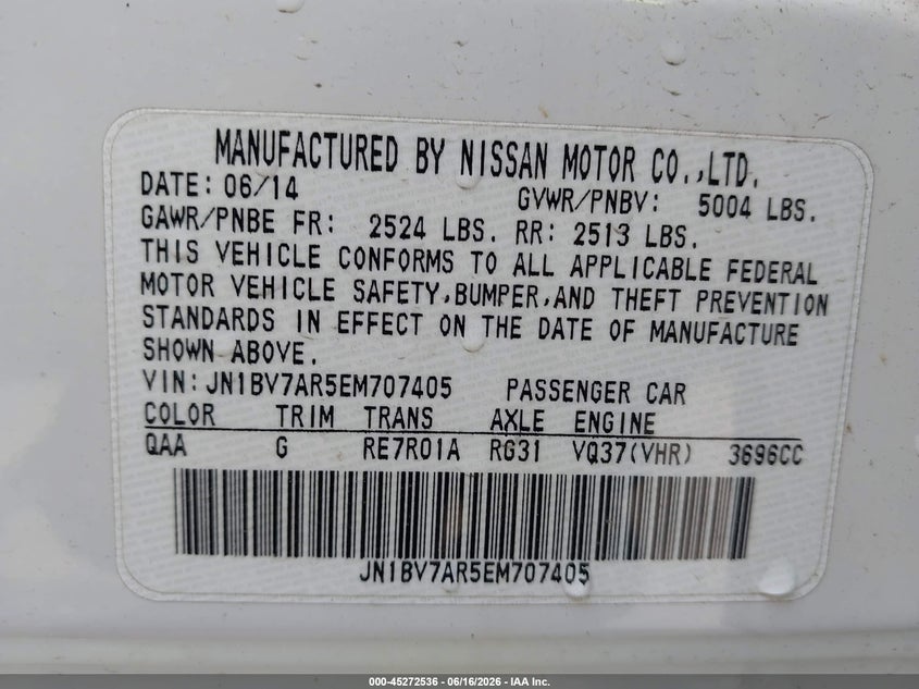 2014 Infiniti Q50 VIN JN1BV7AR5EM707405 IAAI salvage auction — FRONT END, Salvage (Ohio), sold $575 on 2026-07-16 (photo 9)