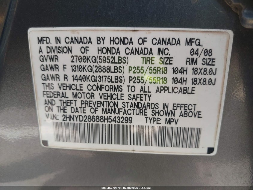 2008 Acura Mdx VIN 2HNYD28688H543299 IAAI salvage auction — REPOSSESSION, Nrc Lienholder Repossession Paperwork (Mississippi), sold $375 on 2026-07-09 (photo 9)
