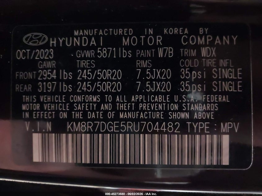 2024 Hyundai Palisade VIN KM8R7DGE5RU704482 IAAI salvage auction — FRONT END, Salvage Title, sold $25 on 2026-07-28 (photo 9)