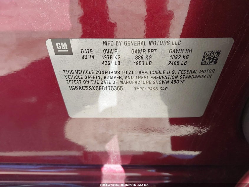 2014 Cadillac Ats VIN 1G6AC5SX6E0175365 IAAI salvage auction — FRONT END, Salvage Title, sold $1,050 on 2026-07-22 (photo 9)