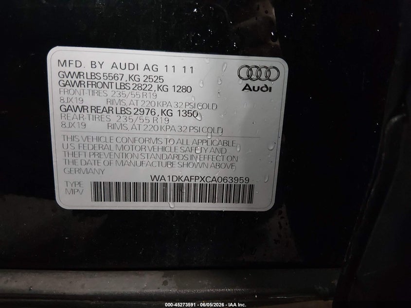 2012 Audi Q5 VIN WA1DKAFPXCA063959 IAAI salvage auction — LEFT FRONT, Salvage Title, sold $900 on 2026-07-07 (photo 9)
