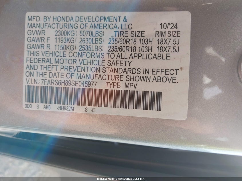 2025 Honda VIN 7FARS6H89SE045977 IAAI salvage auction — FRONT END, Salvage Title, sold $225 on 2026-07-28 (photo 9)