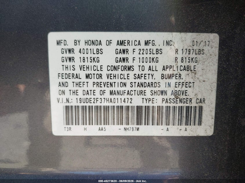 2017 Acura Ilx VIN 19UDE2F37HA011472 IAAI salvage auction — FRONT END, Salvage Title, sold $1,600 on 2026-07-10 (photo 9)