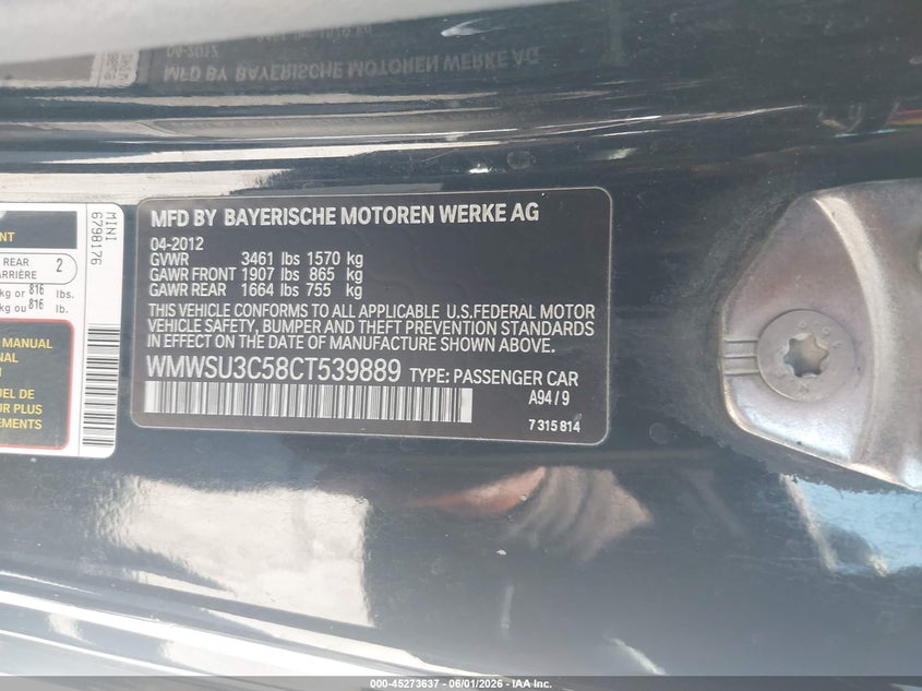 2012 Mini Cooper VIN WMWSU3C58CT539889 IAAI salvage auction — NORMAL WEAR, Salvage Title - Dealer (California), sold $375 on 2026-07-06 (photo 9)