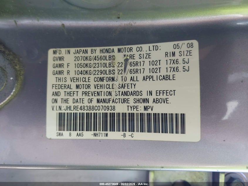 2008 Honda Cr-v VIN JHLRE48388C070938 IAAI salvage auction — RIGHT SIDE, Salvage (Illinois), sold $1,575 on 2026-07-22 (photo 9)