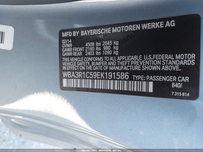 2014 BMW 4er VIN WBA3R1C59EK191586 IAAI salvage auction — REAR END, Salvage Title, sold $2,250 on 2026-07-06 (photo 9)