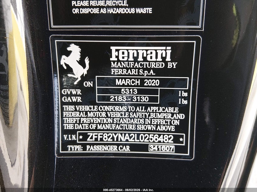 2020 Ferrari Gtc4lusso VIN ZFF82YNA2L0256482 IAAI salvage auction — REAR END, Salvage Title, sold $50,500 on 2026-09-02 (photo 9)
