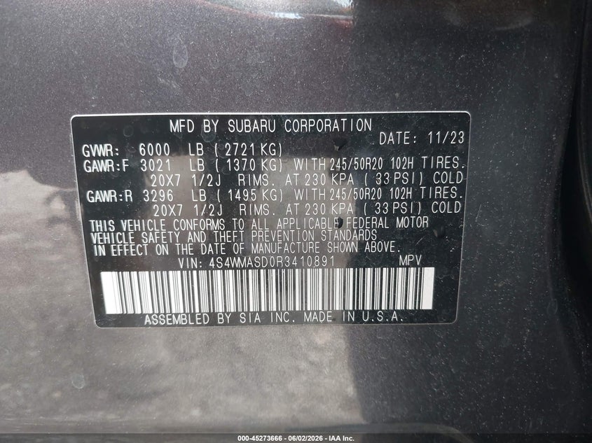 2024 Subaru Ascent VIN 4S4WMASD0R3410891 IAAI salvage auction — FRONT END, Salvage Title, sold $5,400 on 2026-07-22 (photo 9)