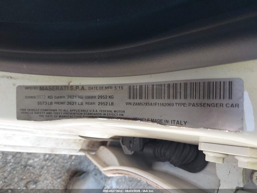 2015 Maserati Ghibli VIN ZAM57XSA1F1162069 IAAI salvage auction — LEFT SIDE, Reconstructed (Massachusetts), sold $1,700 on 2026-07-31 (photo 9)