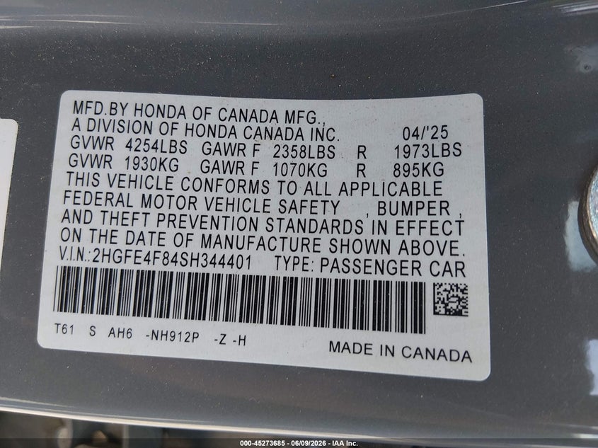 2025 Honda Civic VIN 2HGFE4F84SH344401 IAAI salvage auction — FRONT END, Salvage Title, sold $9,400 on 2026-07-31 (photo 9)