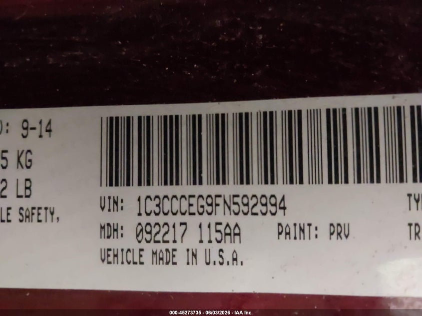 2015 Chrysler 200 VIN 1C3CCCEG9FN592994 IAAI salvage auction — RIGHT FRONT, Salvage Title, sold $50 on 2026-07-29 (photo 9)