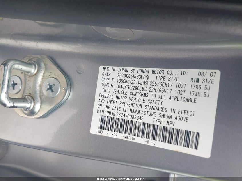 2007 Honda Cr-v VIN JHLRE38747C083343 IAAI salvage auction — FRONT END, Salvage (Georgia), sold $450 on 2026-07-28 (photo 9)