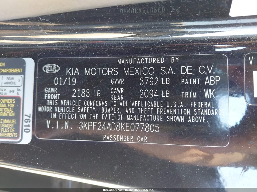 2019 Kia Forte VIN 3KPF24AD8KE077805 IAAI salvage auction — SIDE, Salvage Title, sold $1,950 on 2026-07-23 (photo 9)