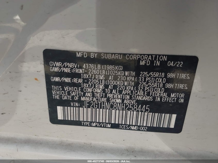 2022 Subaru Xv VIN JF2GTHNC8NH258445 IAAI salvage auction — WATER/FLOOD, Salvage Title, sold $6,975 on 2026-07-14 (photo 9)