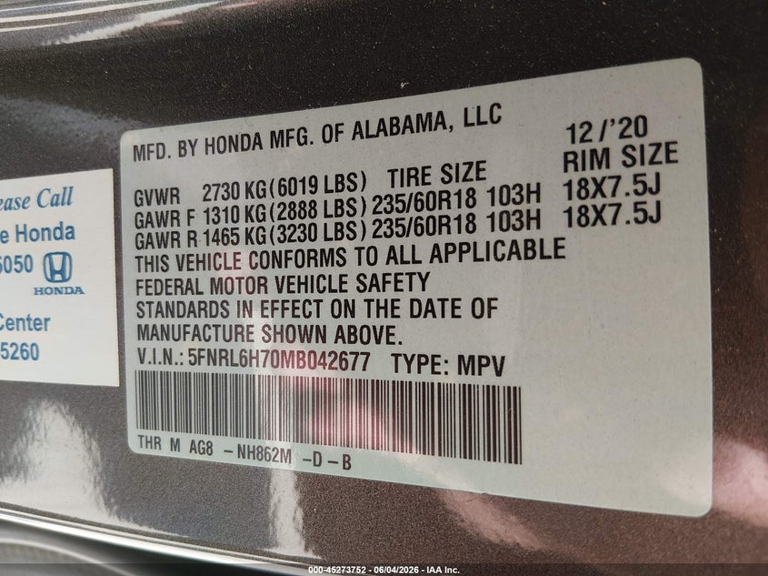 2021 Honda Odyssey VIN 5FNRL6H70MB042677 IAAI salvage auction — FRONT END, Wait Title, sold $9,150 on 2026-10-22 (photo 9)