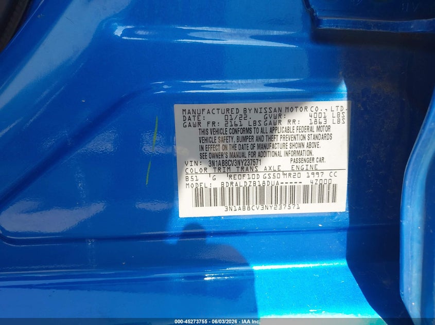 2022 Nissan Sentra VIN 3N1AB8CV3NY237571 IAAI salvage auction — FRONT & REAR, Salvage Title, sold $100 on 2026-07-30 (photo 9)