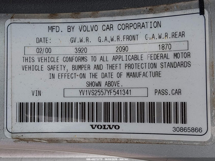 2000 Volvo S40 VIN YV1VS2557YF541341 IAAI salvage auction — MECHANICAL, Clear (Washington), sold $250 on 2026-07-08 (photo 9)