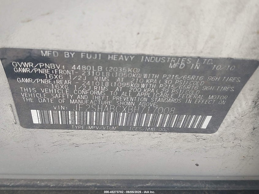 2011 Subaru Forester VIN JF2SHABCXBH717008 IAAI salvage auction — NORMAL WEAR, Clear (Delaware), sold $400 on 2026-07-27 (photo 9)