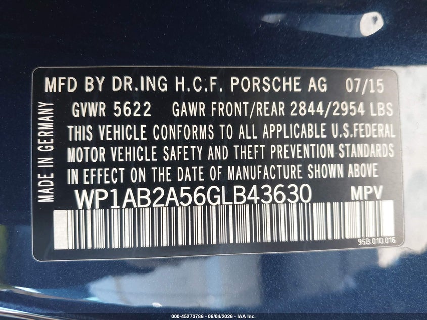2016 Porsche Macan VIN WP1AB2A56GLB43630 IAAI salvage auction — REAR END, Original (Texas), sold $6,500 on 2026-07-09 (photo 9)