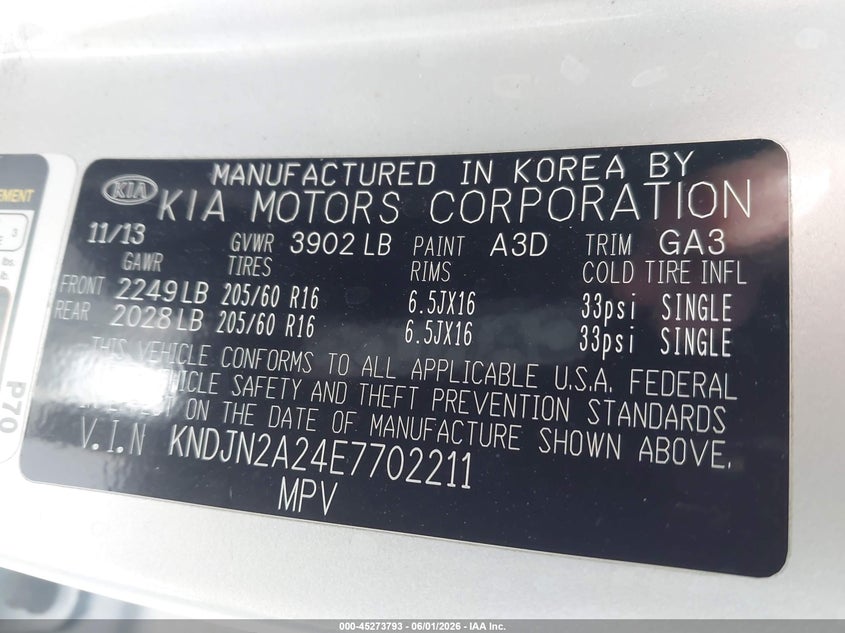 2014 Kia Soul VIN KNDJN2A24E7702211 IAAI salvage auction — NORMAL WEAR, Salvage Title, sold $725 on 2026-07-22 (photo 9)