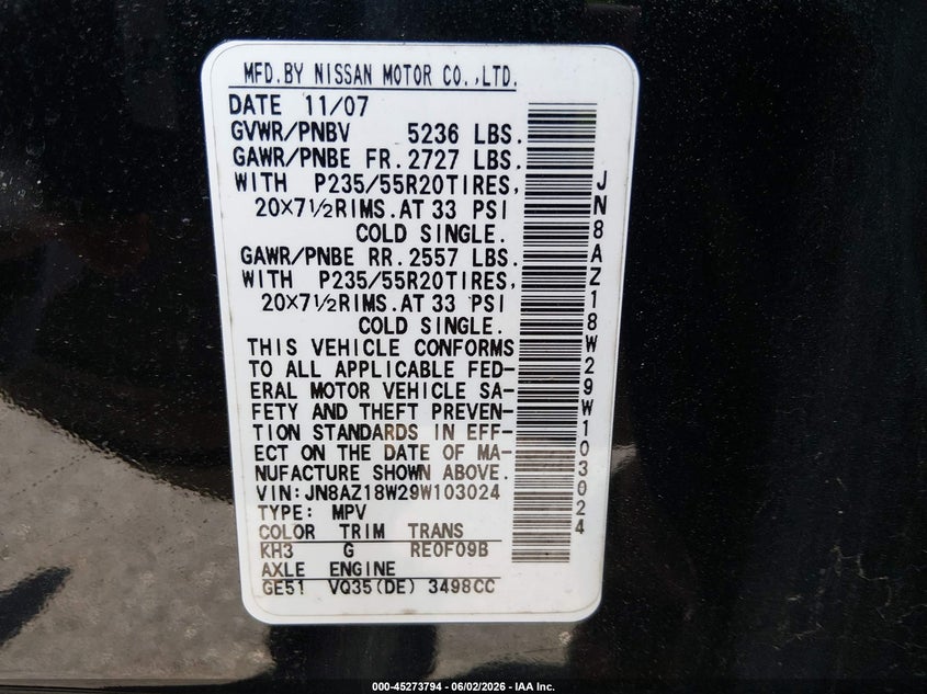 2009 Nissan Murano VIN JN8AZ18W29W103024 IAAI salvage auction — NORMAL WEAR, Clear (South Carolina), sold $325 on 2026-07-29 (photo 9)
