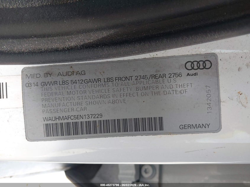 2014 Audi A6 VIN WAUHMAFC5EN137229 IAAI salvage auction — FRONT END, Salvage (Georgia), sold $275 on 2026-07-16 (photo 9)