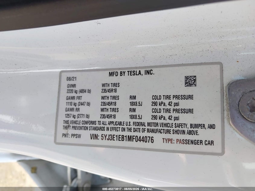 2021 Tesla Model 3 VIN 5YJ3E1EB1MF044076 IAAI salvage auction — RIGHT REAR, Salvage Title, sold $6,400 on 2026-07-19 (photo 9)