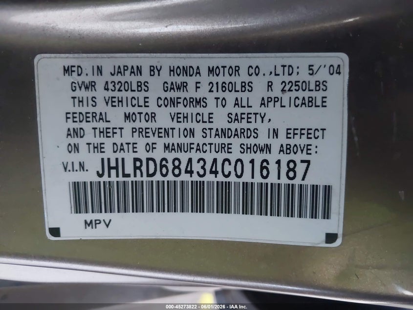 2004 Honda Cr-v VIN JHLRD68434C016187 IAAI salvage auction — NORMAL WEAR, Clear (California), sold $950 on 2026-07-21 (photo 9)