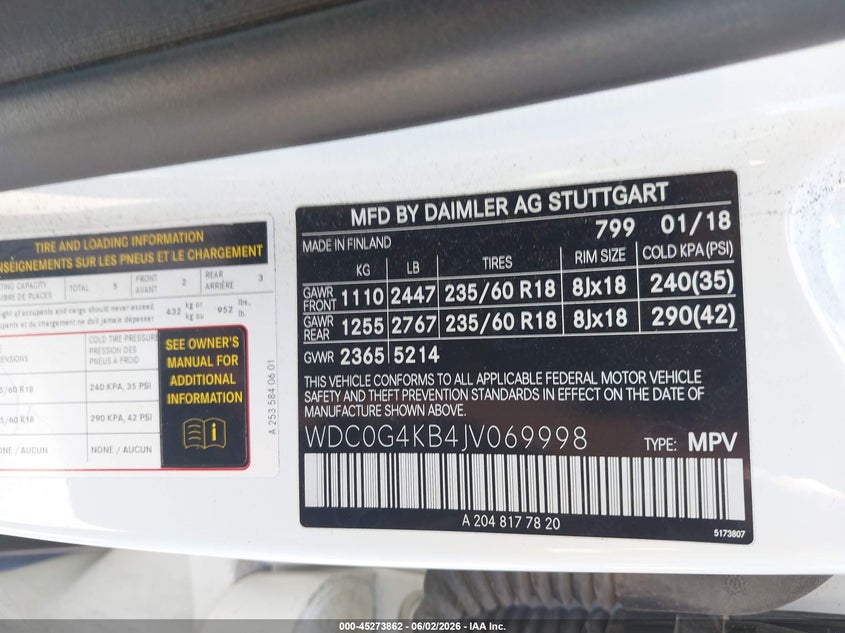 2018 Mercedes-benz Glc VIN WDC0G4KB4JV069998 IAAI salvage auction — FRONT END, Clear (Indiana), sold $6,400 on 2026-07-23 (photo 9)