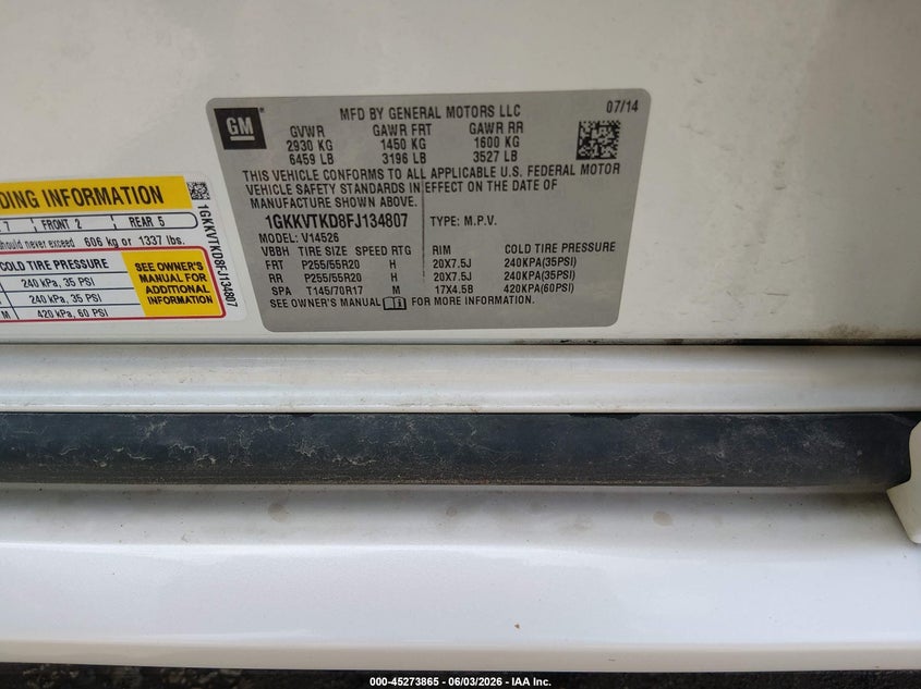 2015 Gmc Acadia VIN 1GKKVTKD8FJ134807 IAAI salvage auction — FRONT END, Salvage Title, sold $2,700 on 2026-07-10 (photo 9)