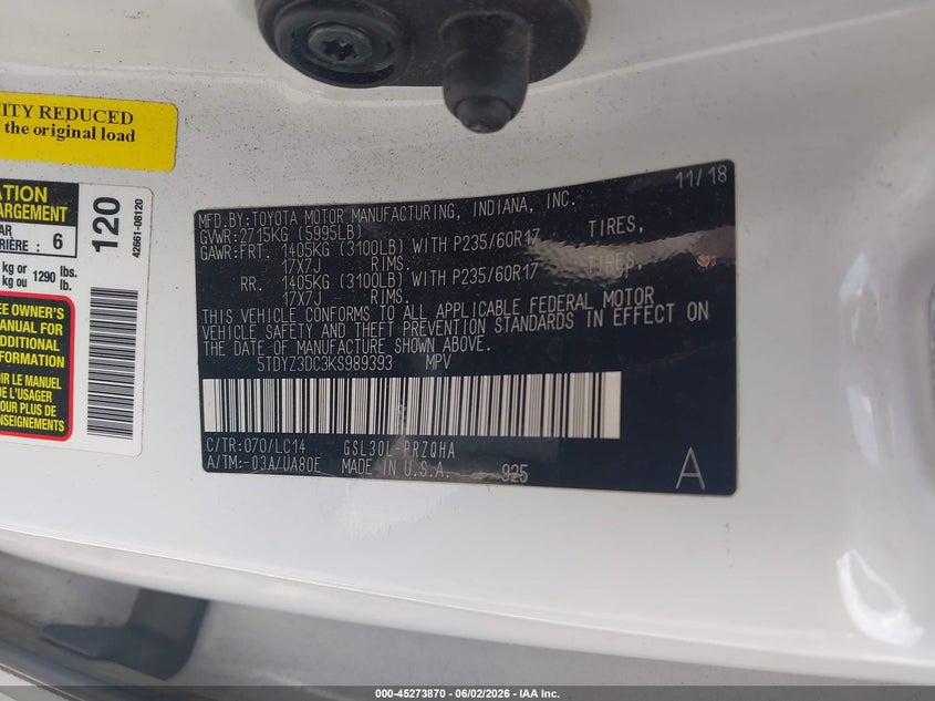 2019 Toyota Sienna VIN 5TDYZ3DC3KS989393 IAAI salvage auction — FRONT & REAR, Salvage (Arkansas), sold $1,375 on 2026-08-01 (photo 9)