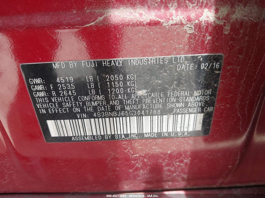2016 Subaru LEGACY VIN 4S3BNBJ65G3041788 IAAI salvage auction — REAR END, Salvage Title, sold $825 on 2026-08-23 (photo 9)