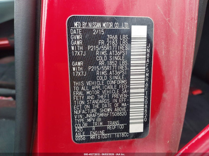 2015 Nissan Juke VIN JN8AF5MR6FT508820 IAAI salvage auction — FRONT END, Salvage Title, sold $700 on 2026-07-29 (photo 9)