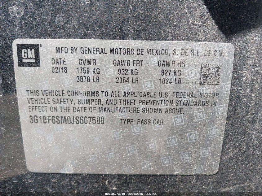 2018 Chevrolet Cruze VIN 3G1BF6SM0JS607500 IAAI salvage auction — SIDE, Salvage Title, sold $1,300 on 2026-07-10 (photo 9)