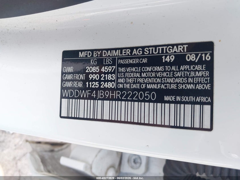 2017 Mercedes-benz C-klasse VIN WDDWF4JB9HR222050 IAAI salvage auction — REAR END, Salvage Title, sold $3,200 on 2026-07-22 (photo 9)