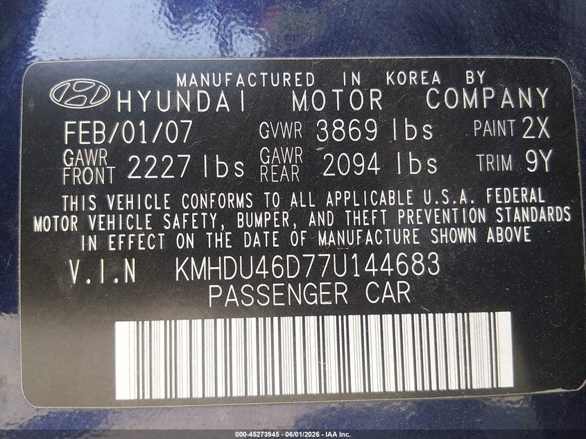 2007 Hyundai Elantra VIN KMHDU46D77U144683 IAAI salvage auction — REAR END, Salvage (Nevada), sold $375 on 2026-07-17 (photo 9)