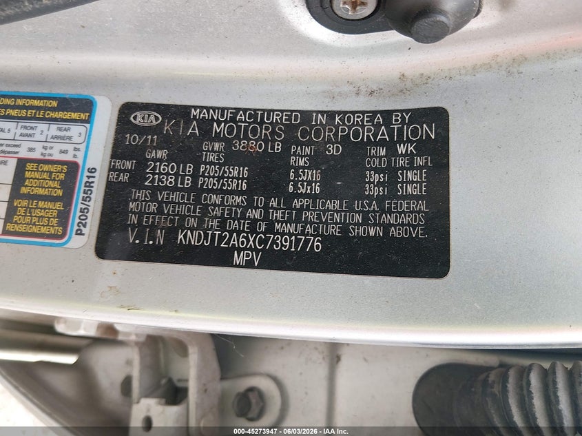 2012 Kia Soul VIN KNDJT2A6XC7391776 IAAI salvage auction — RIGHT SIDE, Original (Texas), sold $250 on 2026-07-15 (photo 9)