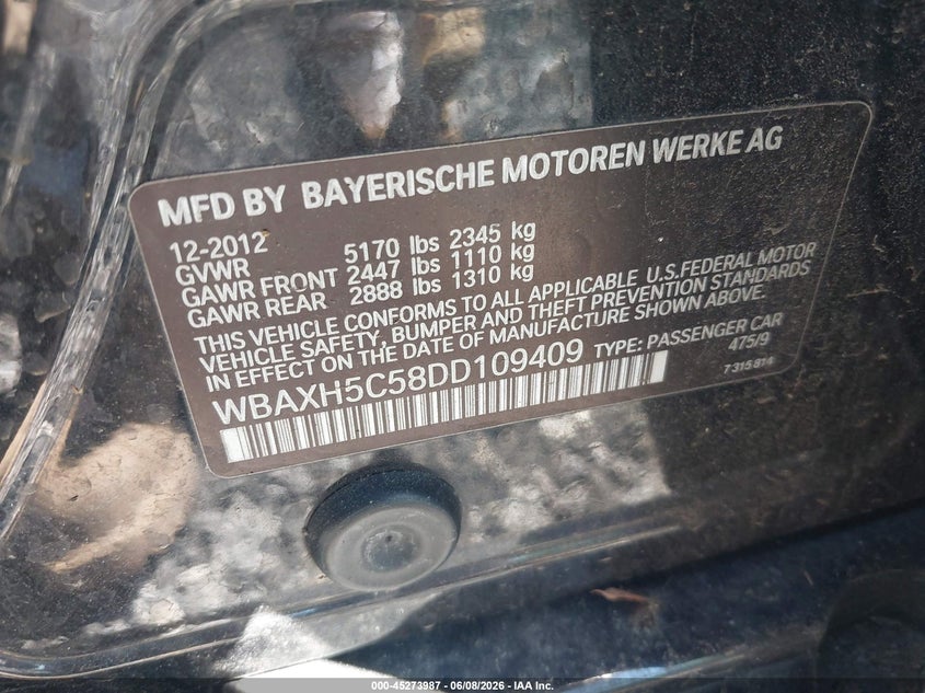 2013 BMW 5er VIN WBAXH5C58DD109409 IAAI salvage auction — WATER/FLOOD, Salvage Title, sold $425 on 2026-07-07 (photo 9)