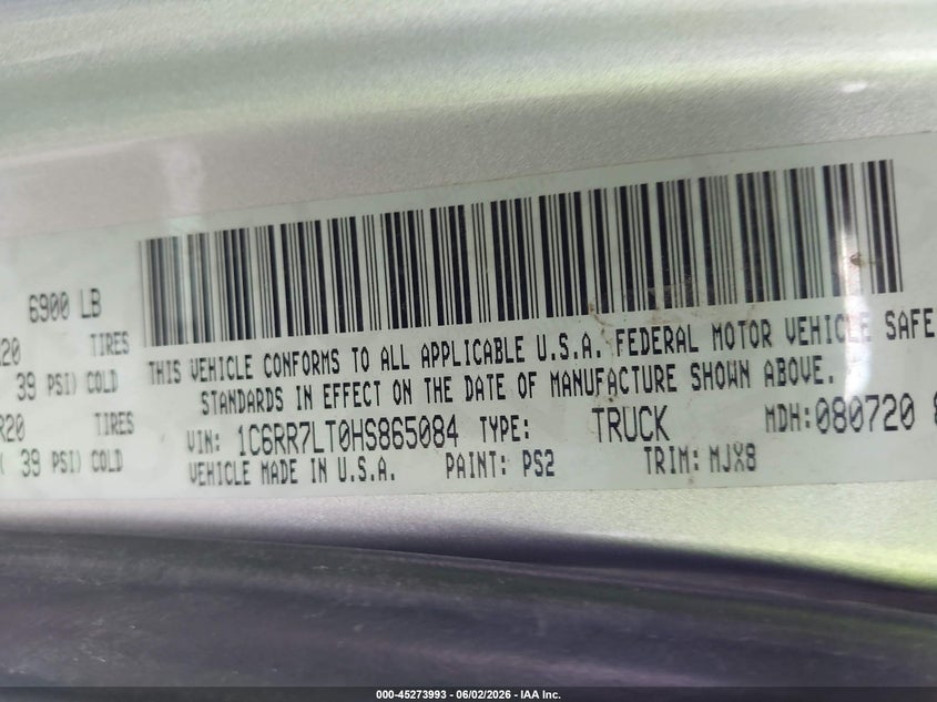 2017 Ram 1500 VIN 1C6RR7LT0HS865084 IAAI salvage auction — NORMAL WEAR, Salvage Title, sold $3,550 on 2026-07-29 (photo 9)