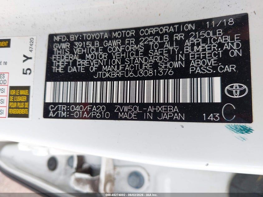 2018 Toyota Prius VIN JTDKBRFU6J3081376 IAAI salvage auction — RIGHT SIDE, Salvage Title, sold $2,850 on 2026-07-28 (photo 9)