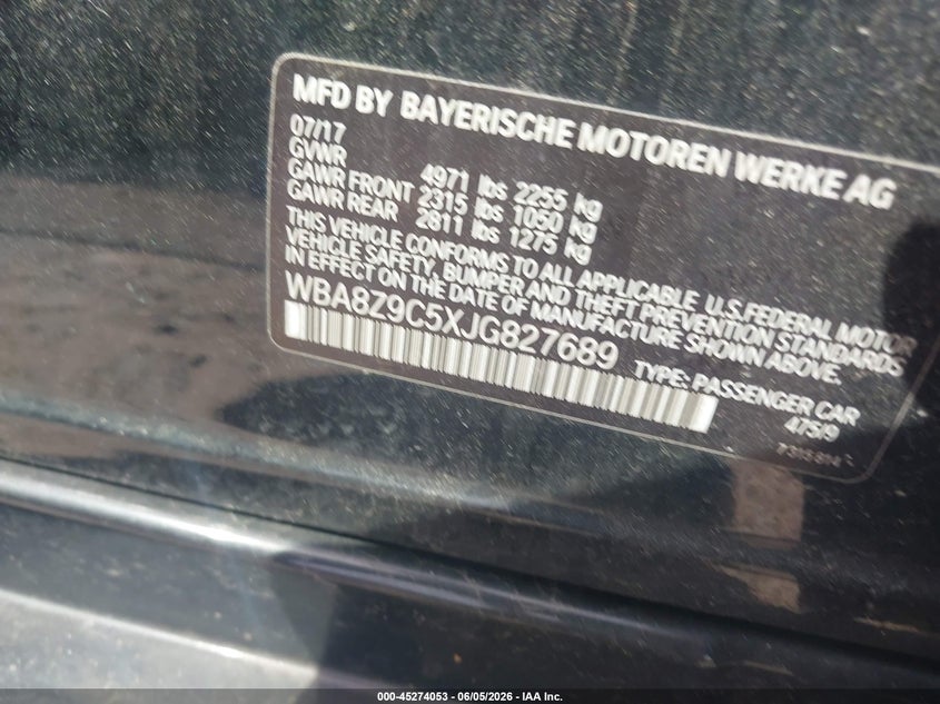 2018 BMW 3er VIN WBA8Z9C5XJG827689 IAAI salvage auction — ROOF, Salvage Title, sold $4,250 on 2026-07-17 (photo 9)