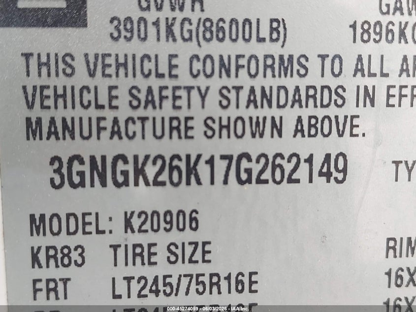 2007 Chevrolet VIN 3GNGK26K17G262149 IAAI salvage auction — FRONT END, Clear (Virginia), sold $1,100 on 2026-07-06 (photo 9)